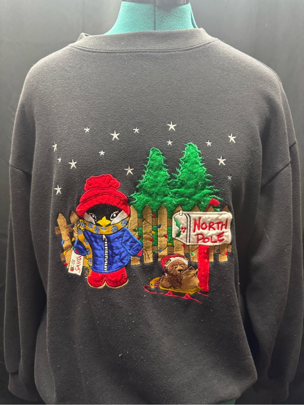 Black Women's Holiday Penguin Embroidered Sweatshirt